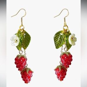 Raspberry resin Red Berry Drop Earrings with gold plated hooks